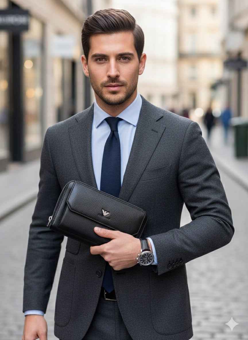 Luxury Armani wallet in genuine leather next to original quality