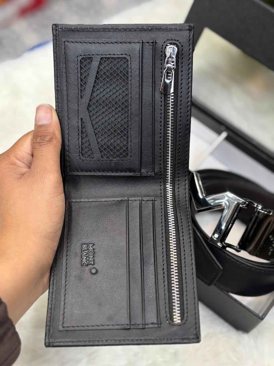 Mont Blanc wallet plus belt luxury gift set in genuine leather for Mens next to original quality