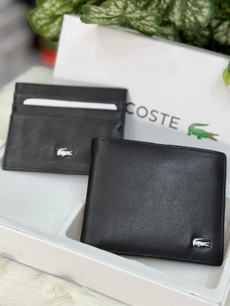 Luxury Lacoste Genuine Leather Wallet Card Holder Gift Set for Men