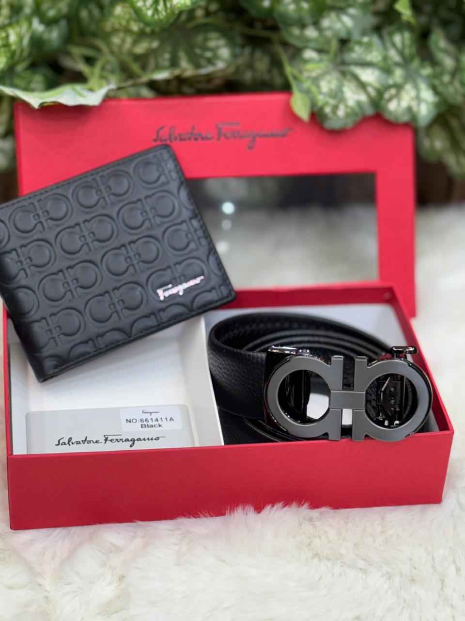 salvatore ferragamo gift set combo belt and wallet in genuine leather top notch quality for Mens