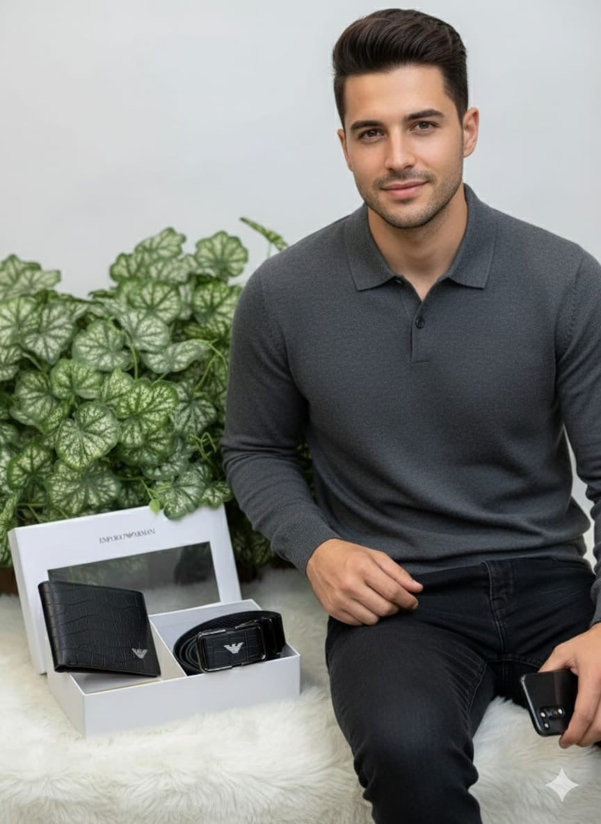 Armani wallet set in top notch quality includes auto lock belt and wallet in genuine leather next to original quality