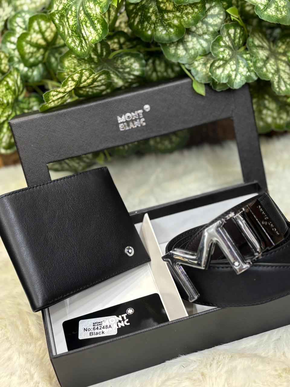 Mont Blanc wallet plus belt luxury gift set in genuine leather for Mens next to original quality