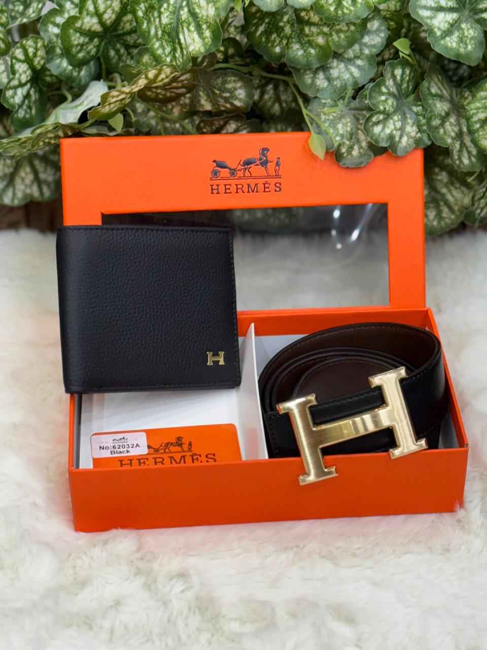 Luxury hermes gift set in genuine leather next to original quality belt plus wallet combo
