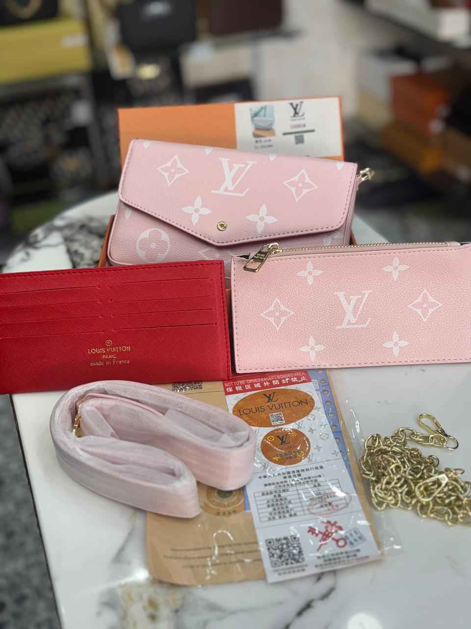 Louis Vuitton (lv) sling (three pcs set )sling ,wallet and card holder with one belt and detachable chain