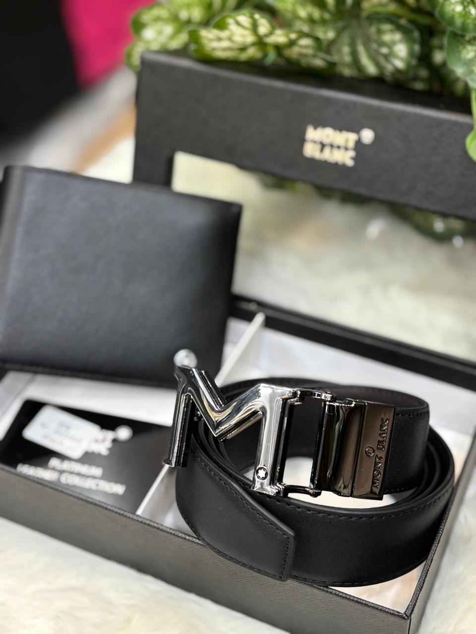 Mont Blanc wallet plus belt luxury gift set in genuine leather for Mens next to original quality