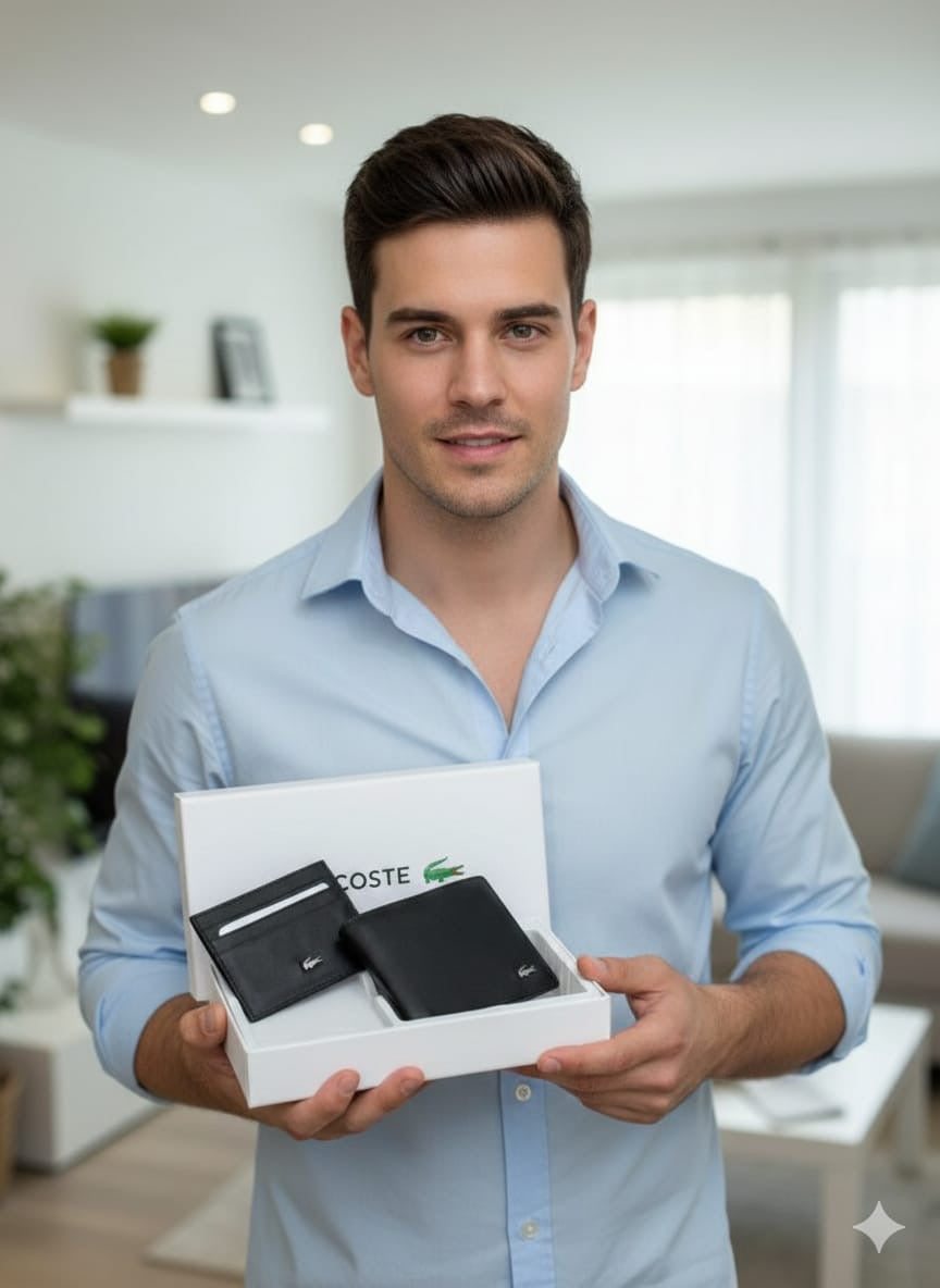 Luxury Lacoste Genuine Leather Wallet Card Holder Gift Set for Men