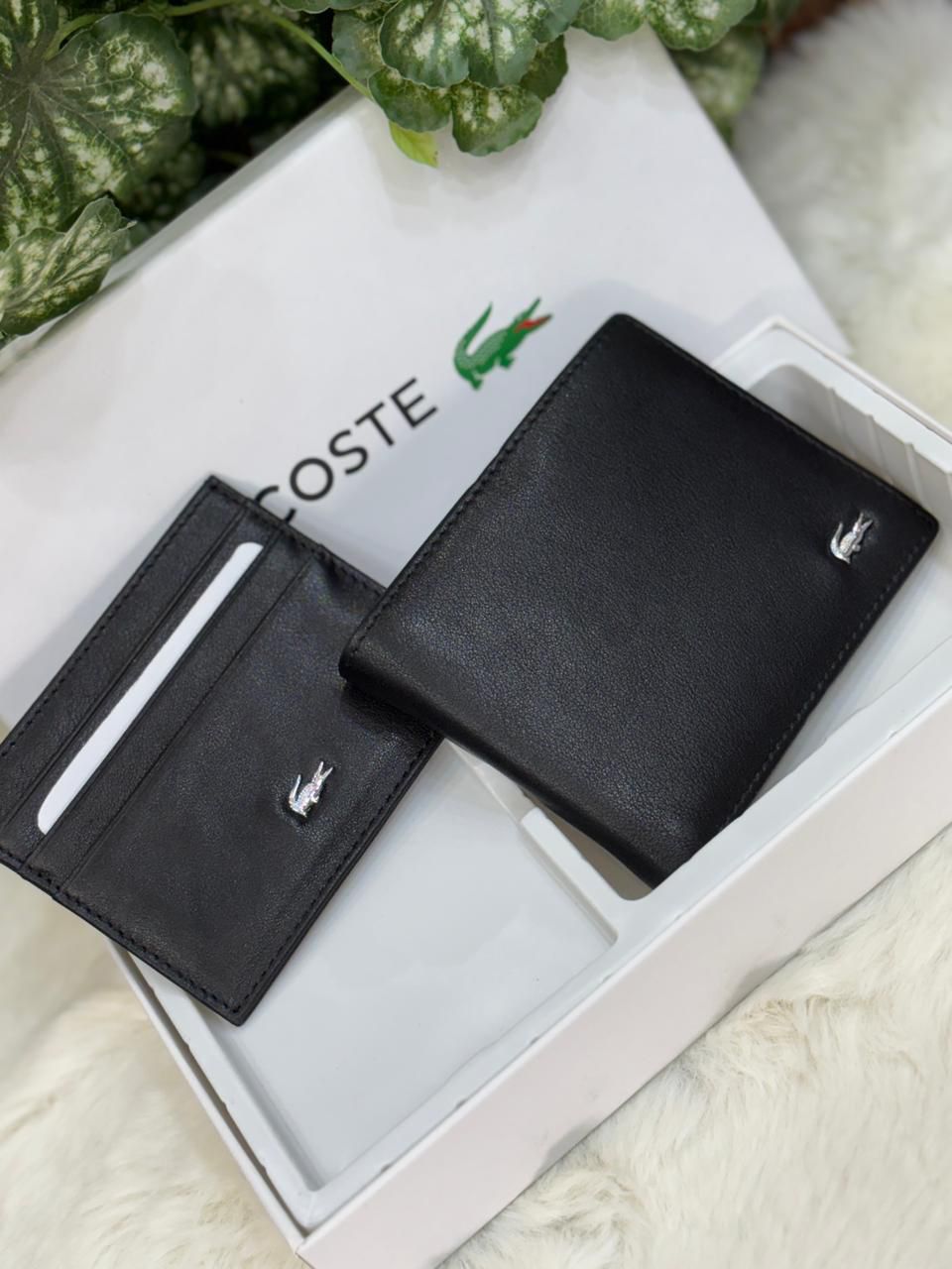Luxury Lacoste Genuine Leather Wallet Card Holder Gift Set for Men