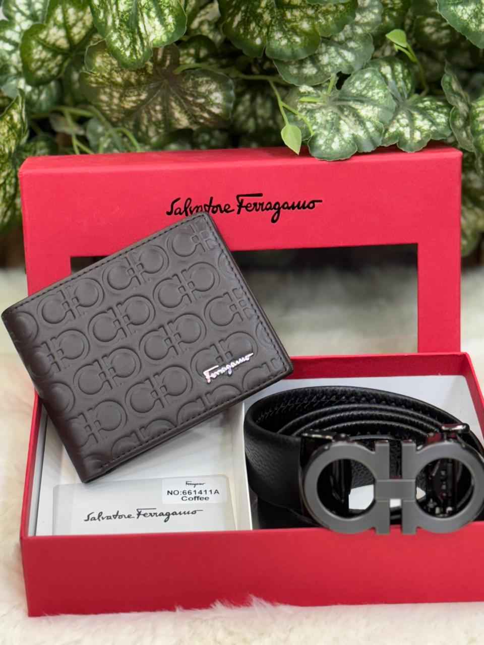 salvatore ferragamo gift set combo belt and wallet in genuine leather top notch quality for Mens