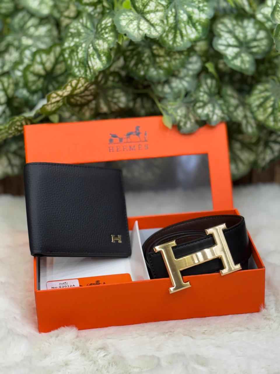 Luxury hermes gift set in genuine leather next to original quality belt plus wallet combo