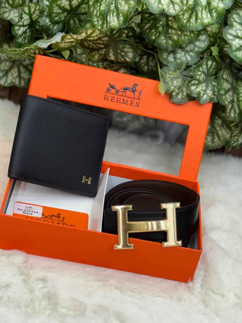 Luxury hermes gift set in genuine leather next to original quality belt plus wallet combo