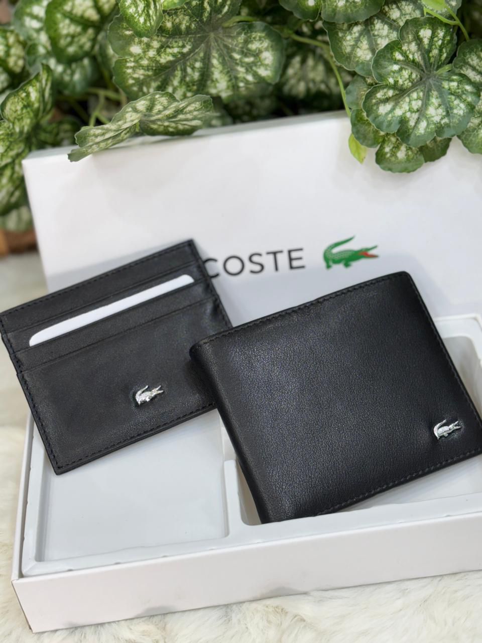 Luxury Lacoste Genuine Leather Wallet Card Holder Gift Set for Men