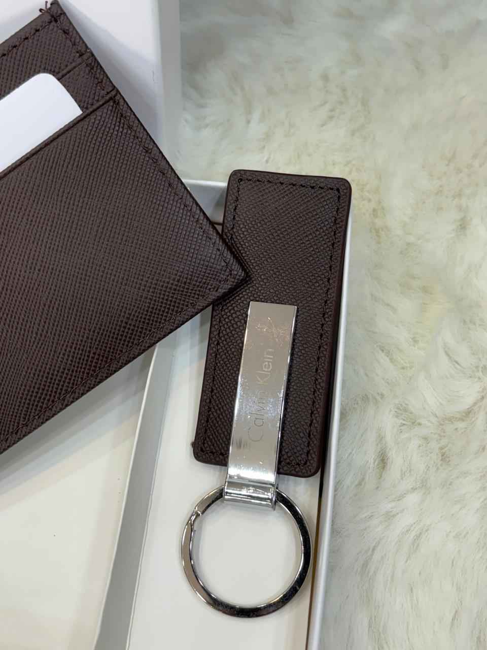 Calvin Klein gift set In genuine leather  ( brown ) includes wallet,card holder and key chain holder next to original quality