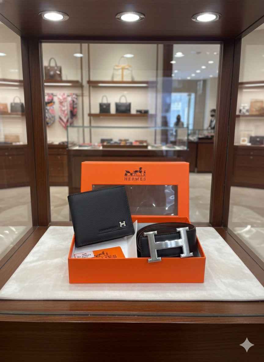 Luxury hermes gift set in genuine leather next to original quality belt plus wallet combo