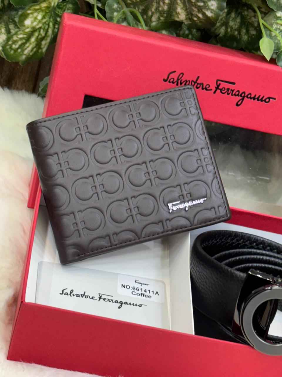 salvatore ferragamo gift set combo belt and wallet in genuine leather top notch quality for Mens