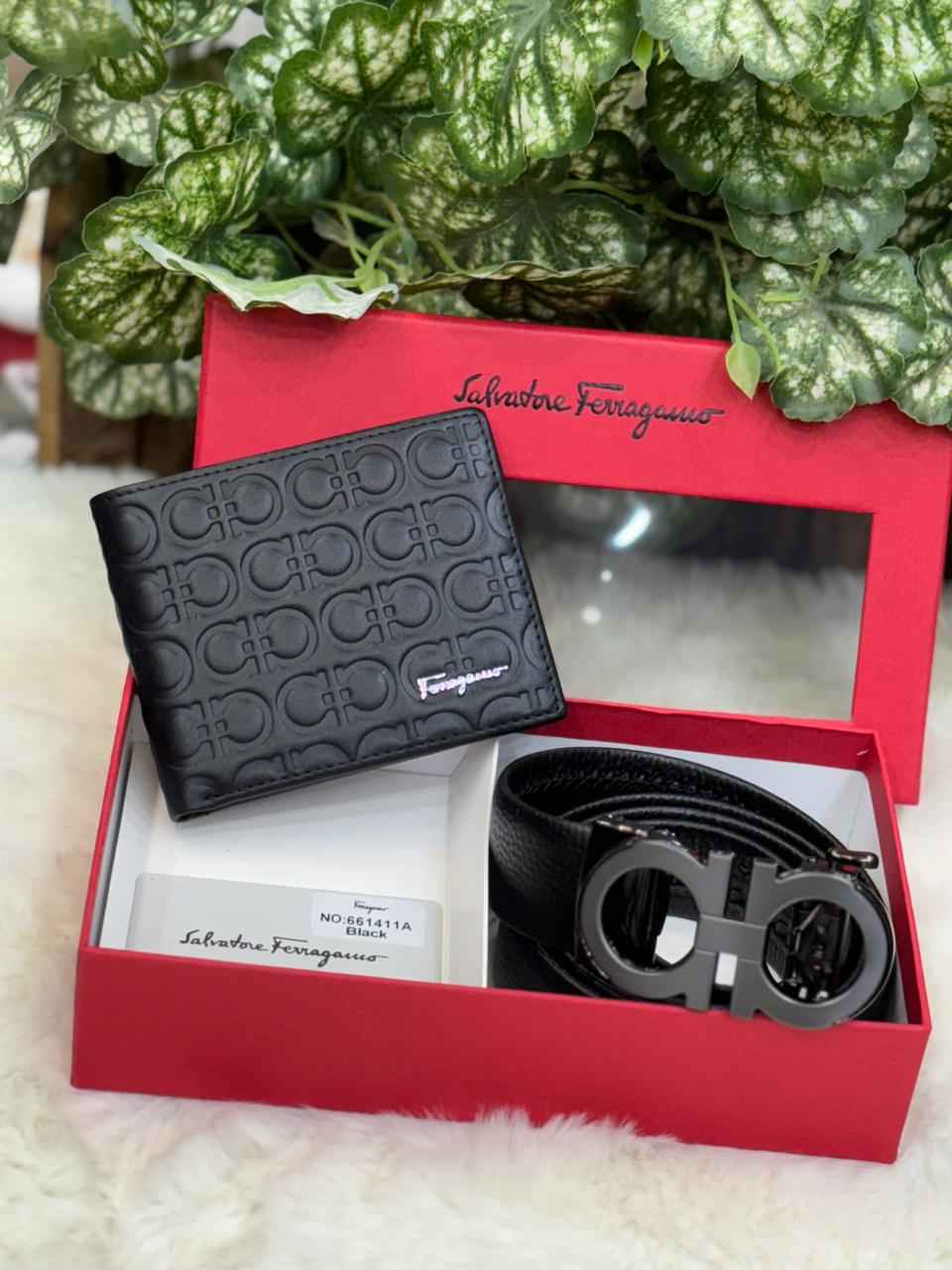 salvatore ferragamo gift set combo belt and wallet in genuine leather top notch quality for Mens