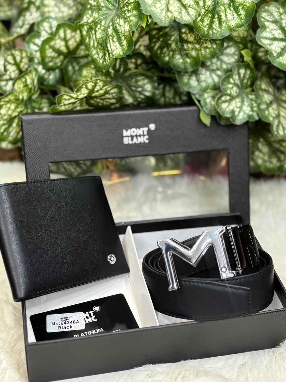Mont Blanc wallet plus belt luxury gift set in genuine leather for Mens next to original quality