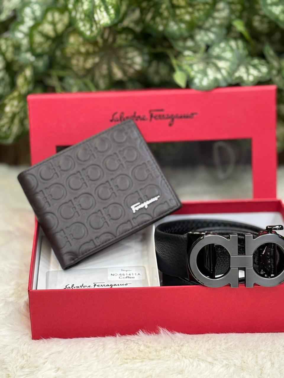 salvatore ferragamo gift set combo belt and wallet in genuine leather top notch quality for Mens