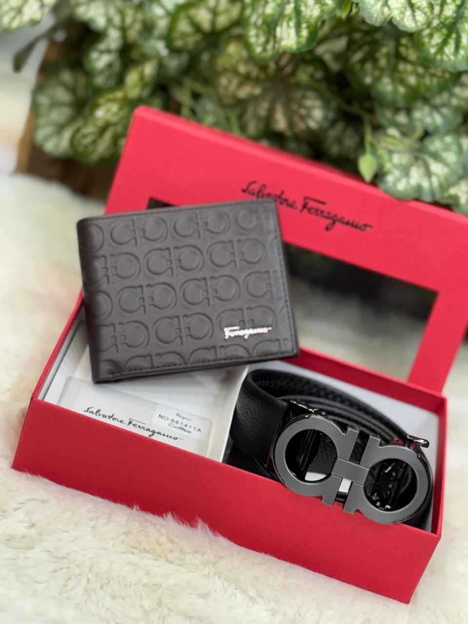 salvatore ferragamo gift set combo belt and wallet in genuine leather top notch quality for Mens