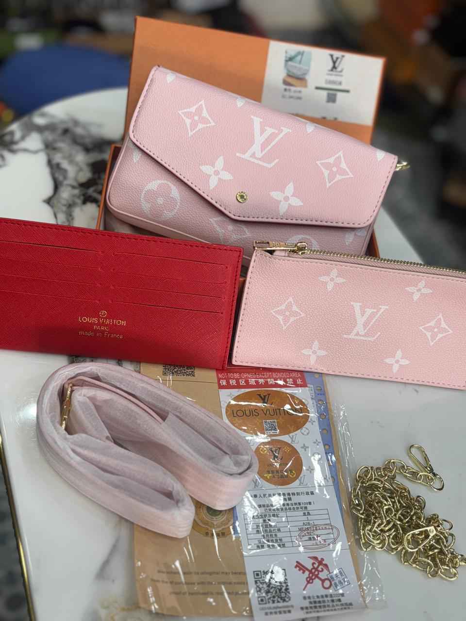 Louis Vuitton (lv) sling (three pcs set )sling ,wallet and card holder with one belt and detachable chain