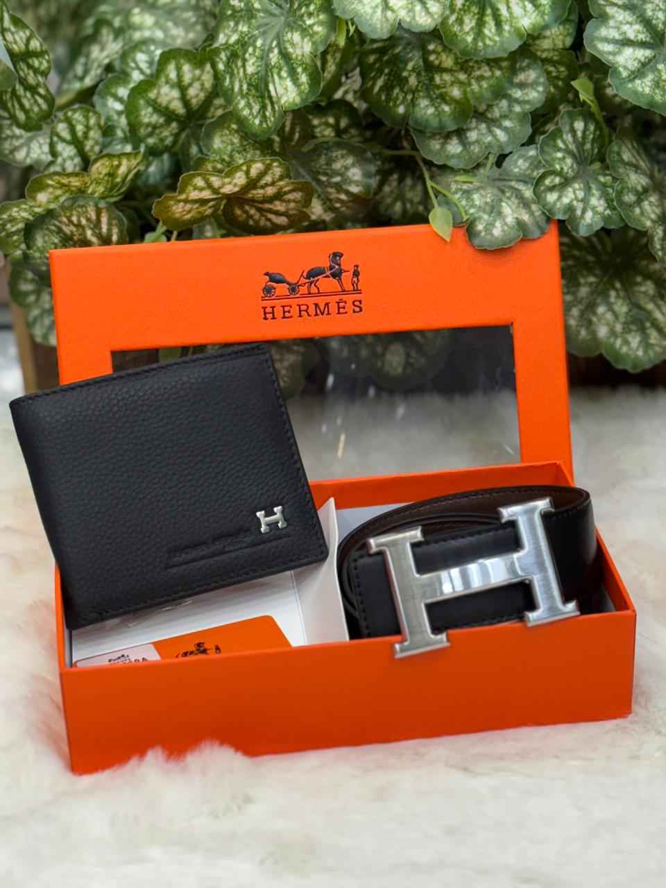 Luxury hermes gift set in genuine leather next to original quality belt plus wallet combo