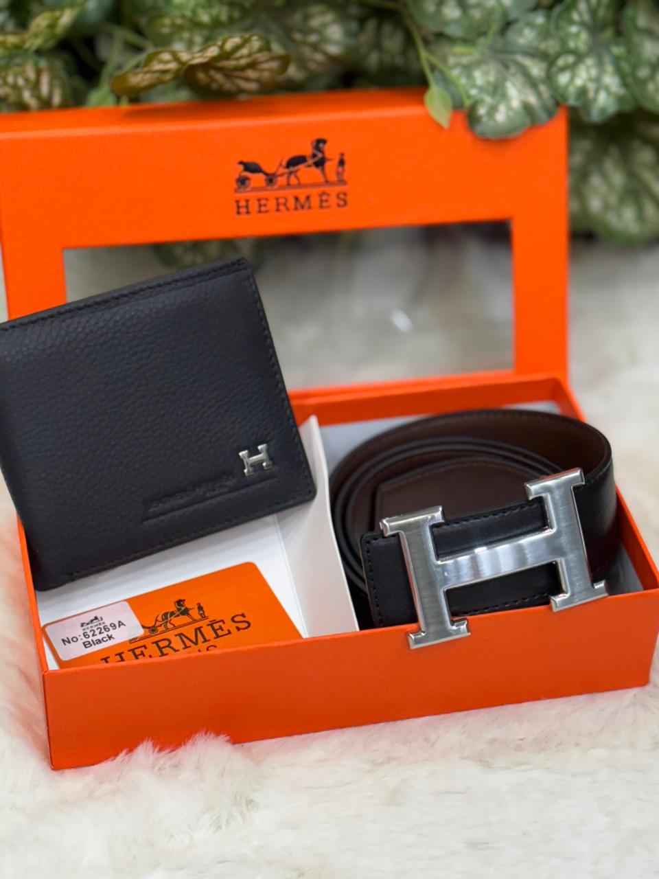 Luxury hermes gift set in genuine leather next to original quality belt plus wallet combo