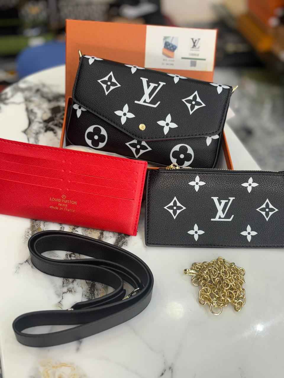 Louis Vuitton (lv) sling (three pcs set )sling ,wallet and card holder with one belt and detachable chain