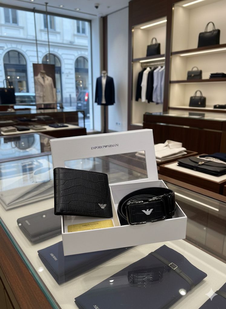 Armani wallet set in top notch quality includes auto lock belt and wallet in genuine leather next to original quality