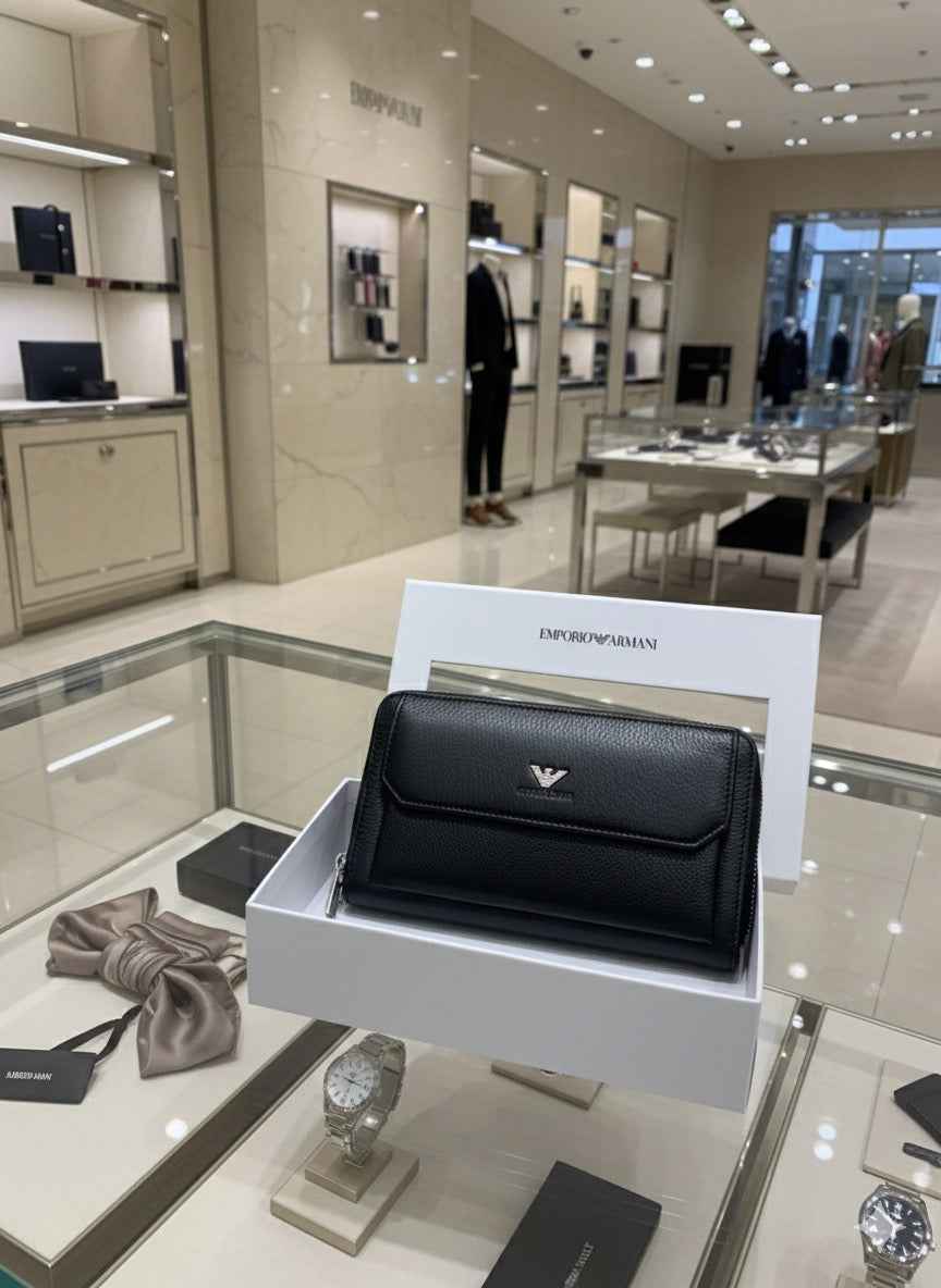 Luxury Armani wallet in genuine leather next to original quality