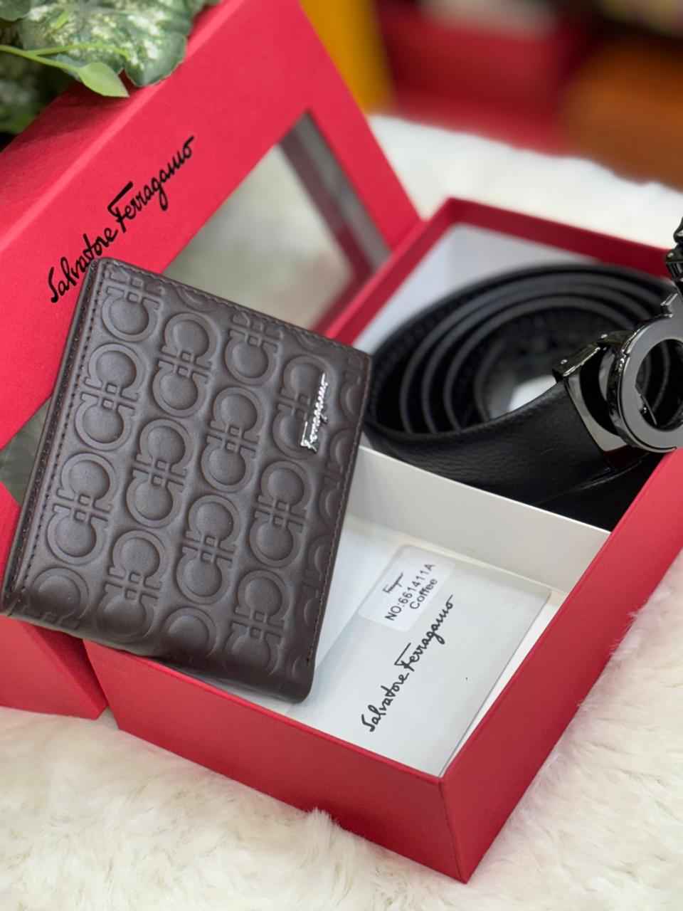 salvatore ferragamo gift set combo belt and wallet in genuine leather top notch quality for Mens